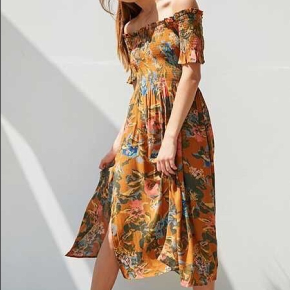 Off the shoulder smocked midi dress
